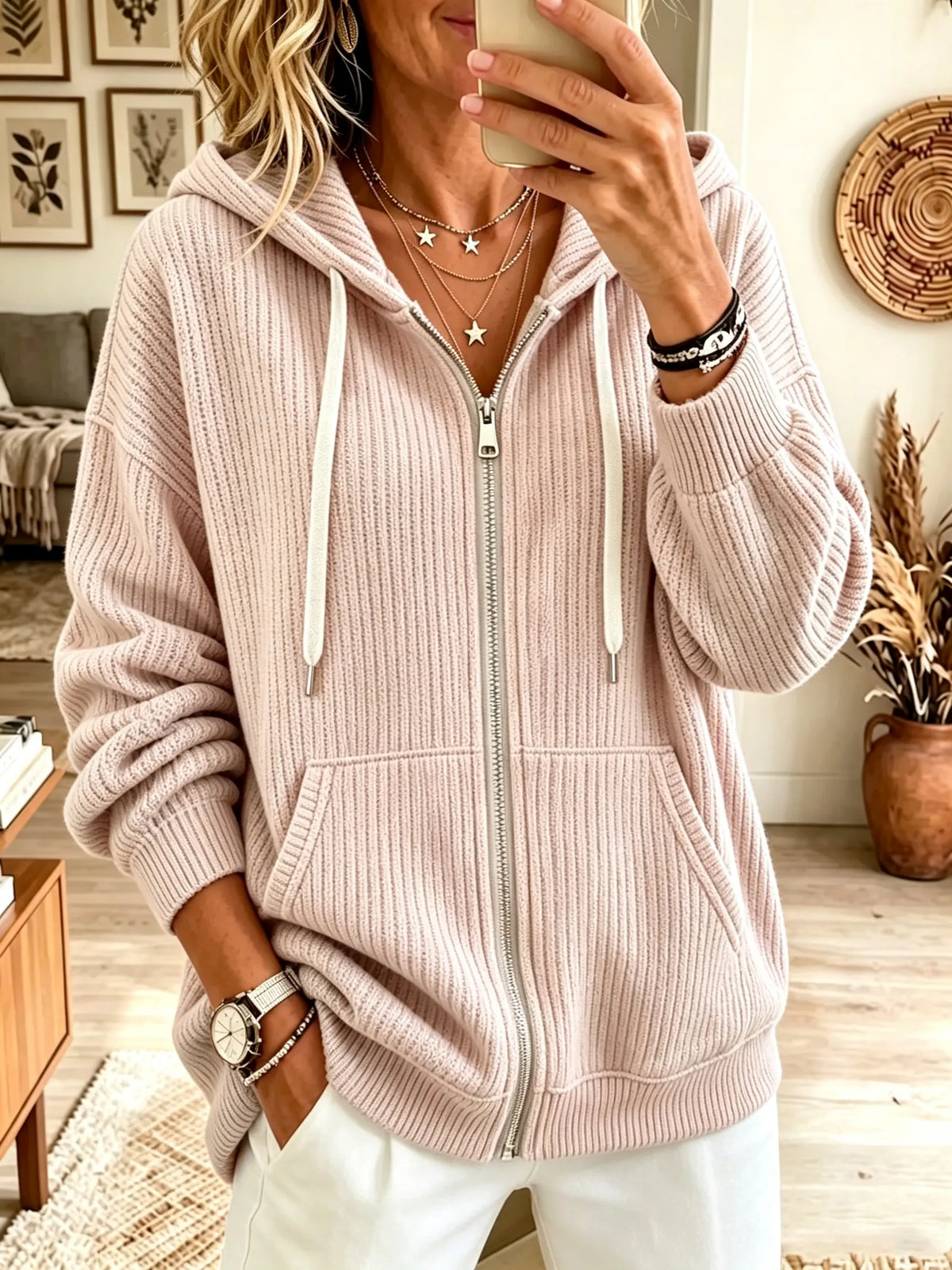 Women's Full-Zip Ribbed Knit Hooded Cardigan