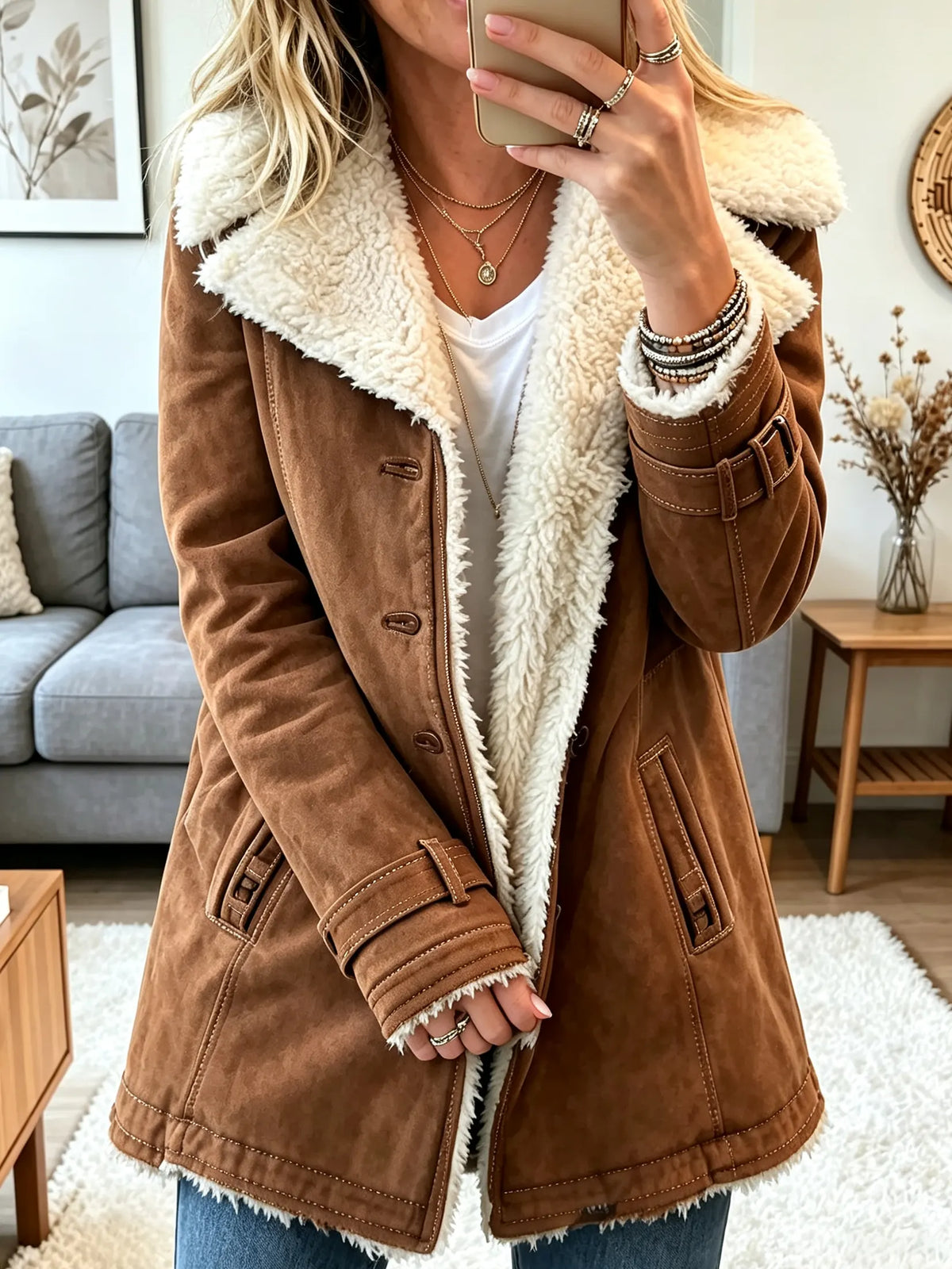 Women's Sherpa-Lined Suede Buckle Coat