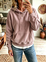 Women Corduroy Drawstring Hoodie, Casual Pocket Long Sleeve Sweatshirt