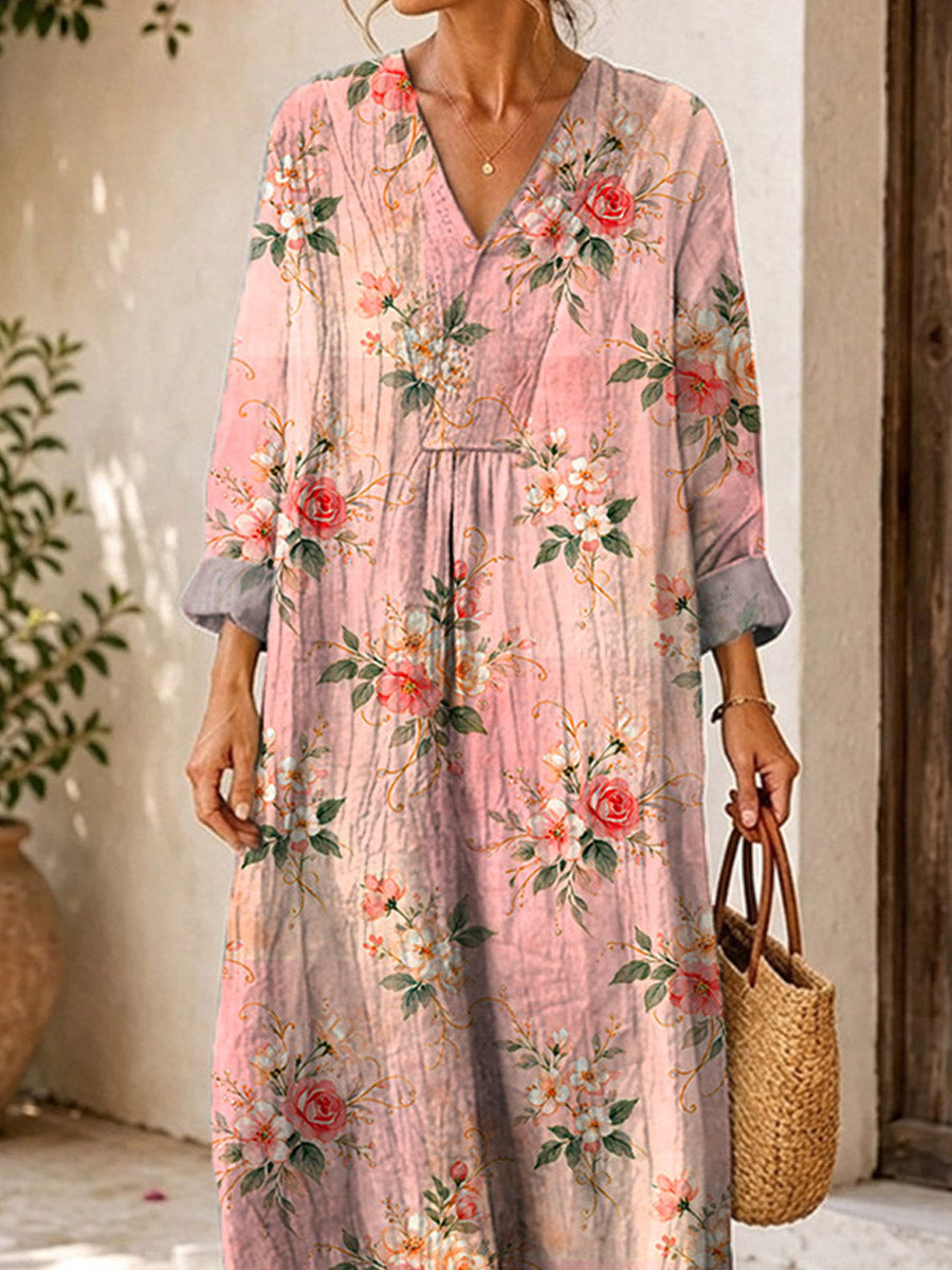 Retro Floral Pattern Art Print Casual V-neck Long Sleeve Cotton Linen Maxi Dress