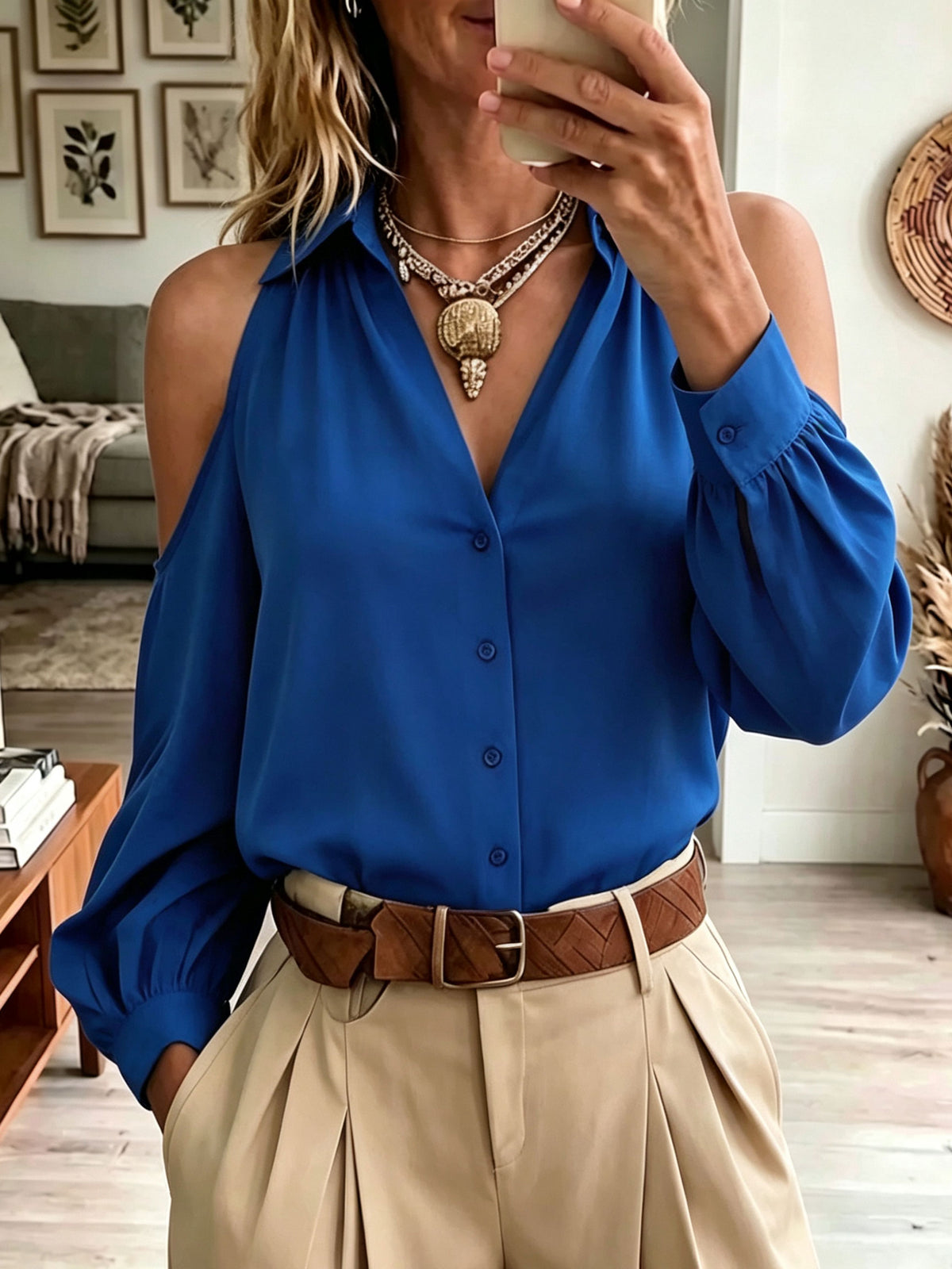 Collared Cold‑Shoulder Button Down Blouse Long Puff Sleeve V‑Neck Shirt