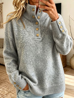 Women Button Mock Neck Loose Long Sleeve Pullover Jumper Knit Sweater,