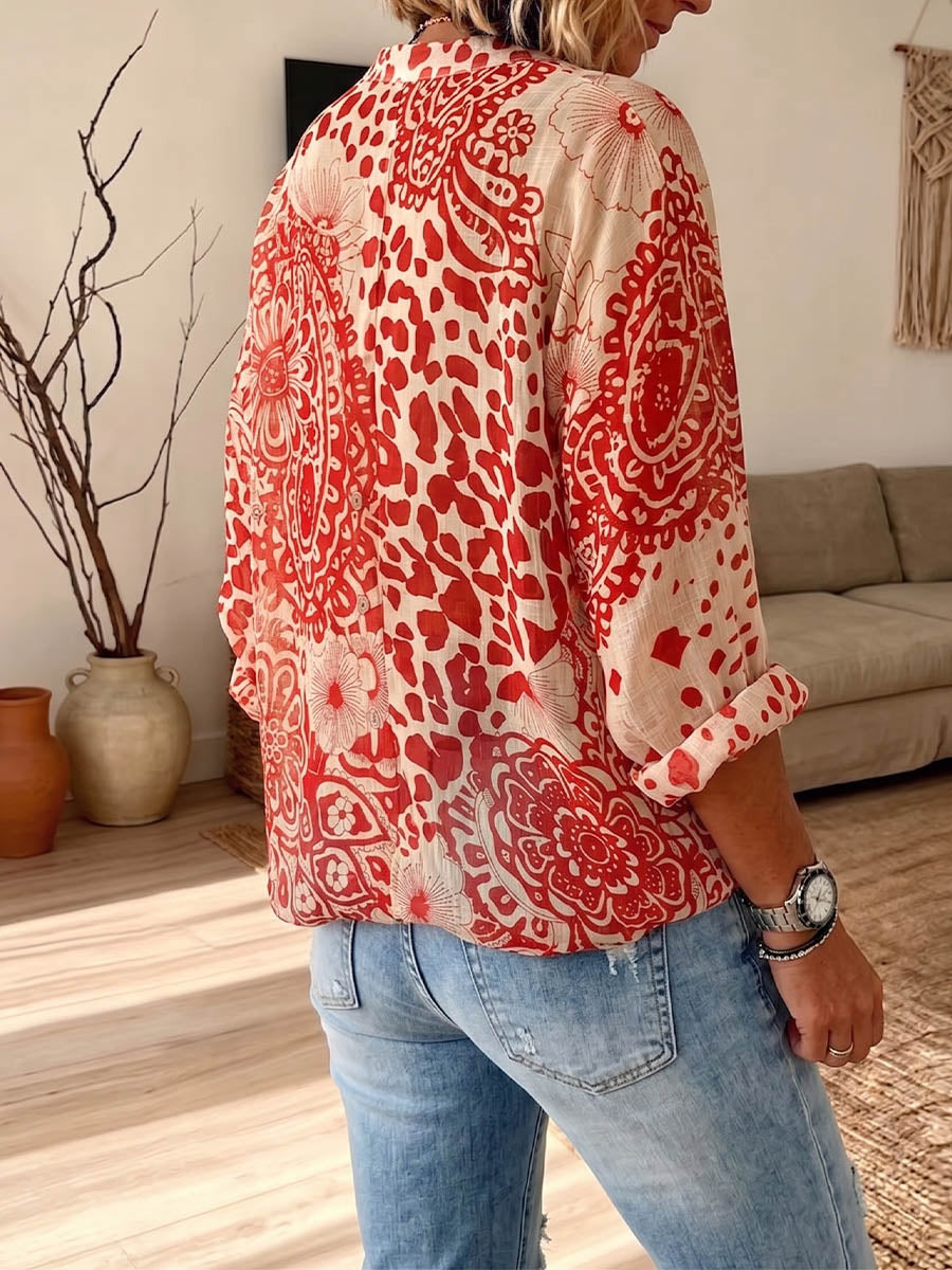Vintage Elegant Button Long Sleeve Patterned Shirt