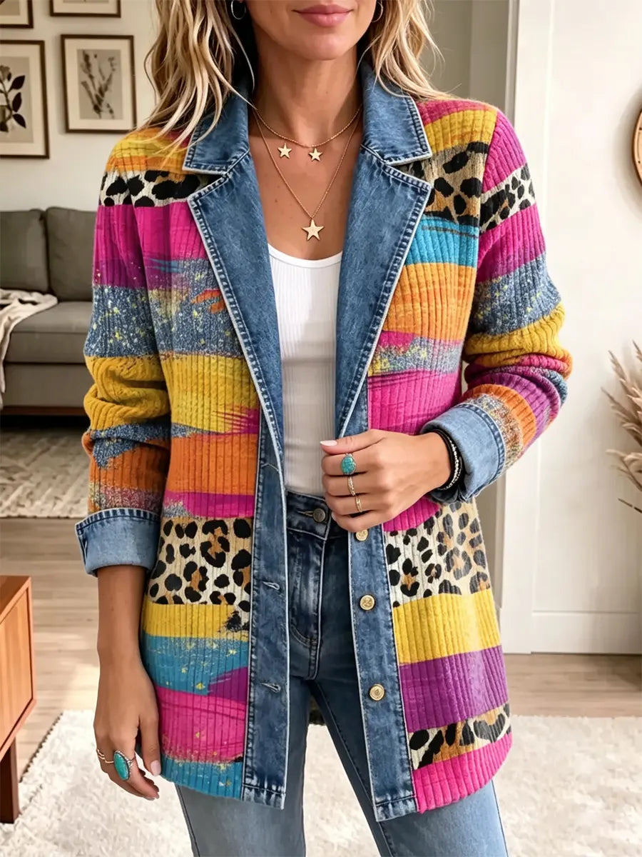 Retro Leopard Color Pattern Art Casual Denim Patchwork Stylish Long Sleeve Coat