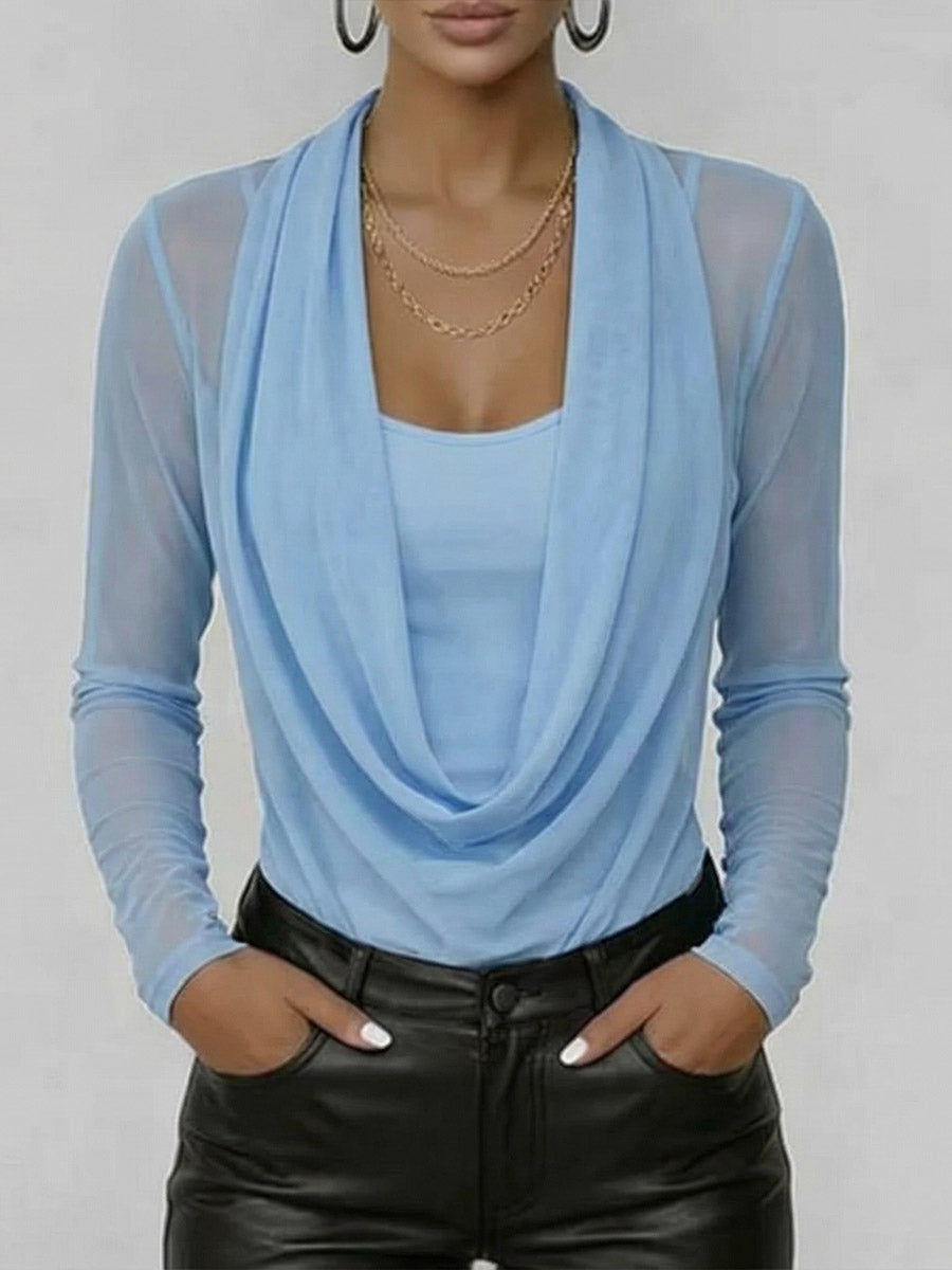 Women's Swing Neck Long-sleeved Casual Loose-fitting Sheer Mesh Top