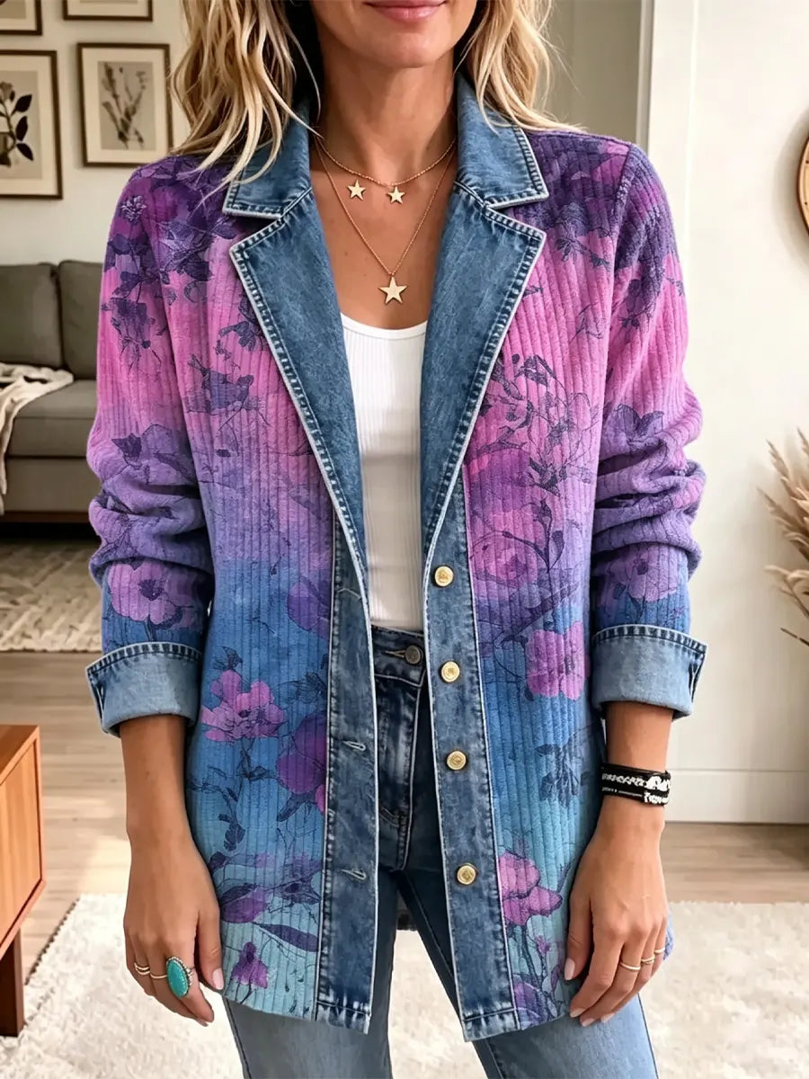 Retro Floral Pattern Art Casual Denim Patchwork Stylish Long Sleeve Coat