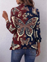 Retro Floral Butterfly Pattern Art Print Ruffle Casual Stylish Cotton Lapel Coat