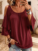 Women Cold Shoulder Blouse Layered Bell Sleeve Casual Loose Tunic Top
