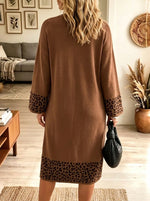 Women's Leopard Contrast Hem Ribbed Knit Midi Dress
