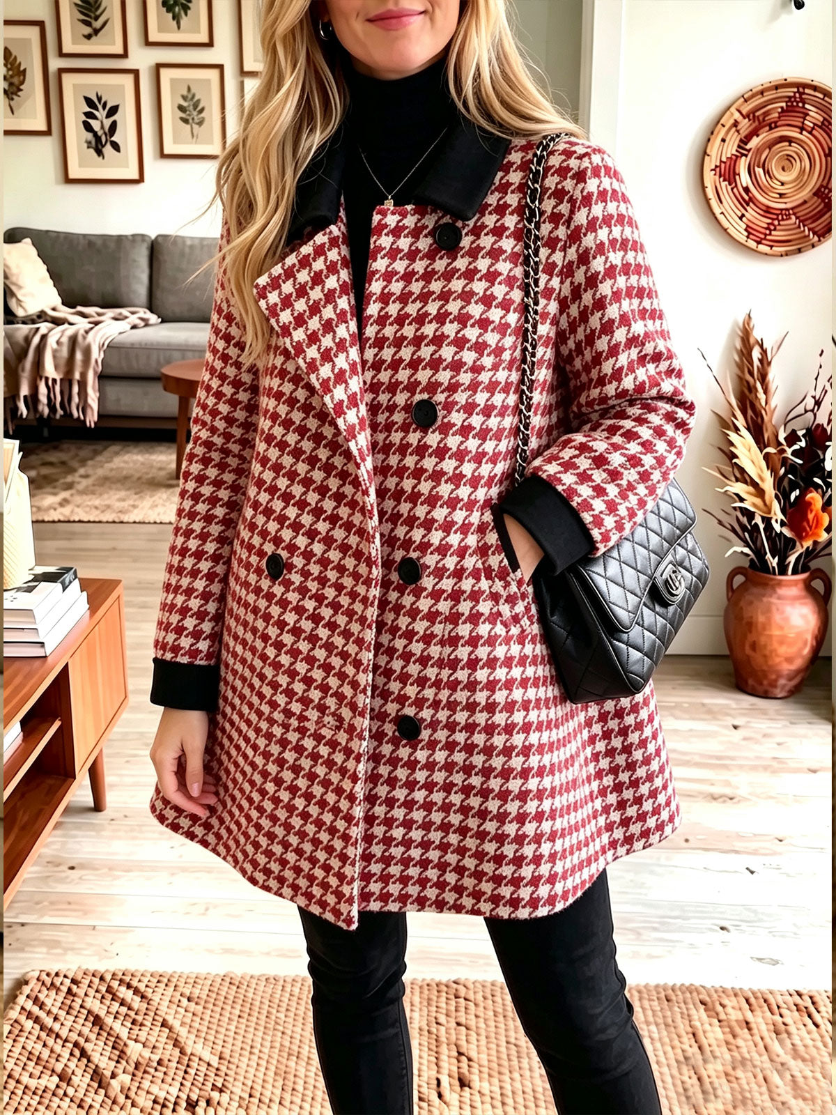 Houndstooth Contrast Collar Double‑Breasted A‑Line Wool Blend Coat, Women Fall Winter Outerwear