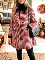 Houndstooth Contrast Collar Double‑Breasted A‑Line Wool Blend Coat, Women Fall Winter Outerwear