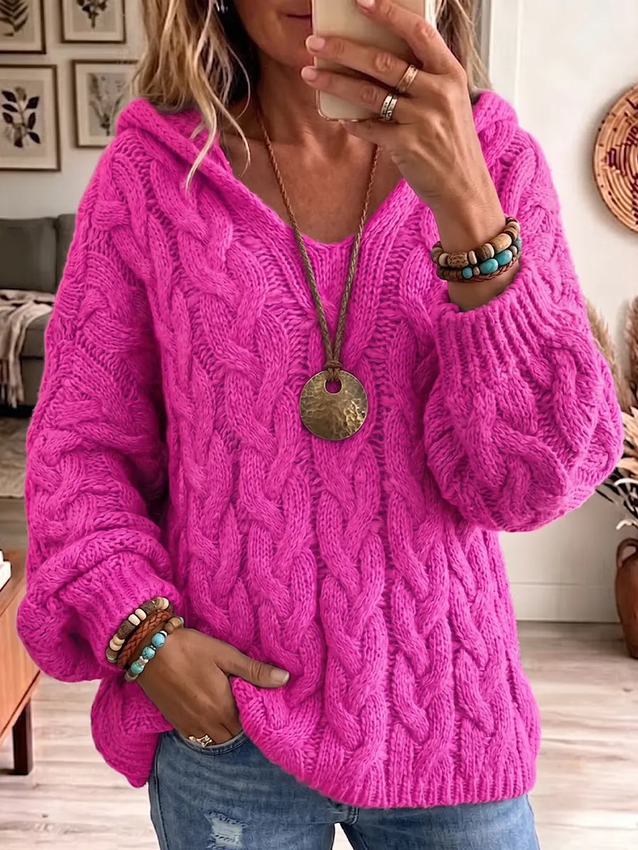 Vintage Elegant Hooded Cable Knit Warm Sweater