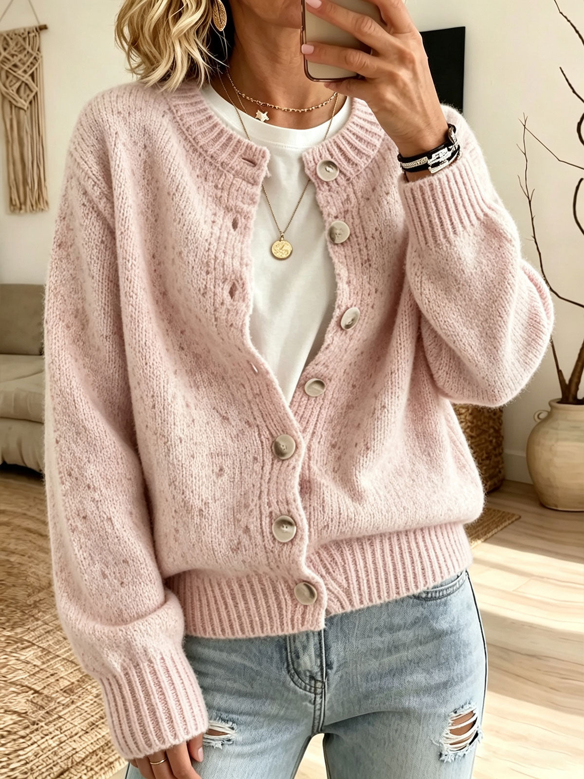 Women Speckled Knit Crew Neck Big Button Long Sleeve Casual Sweater Cardigan