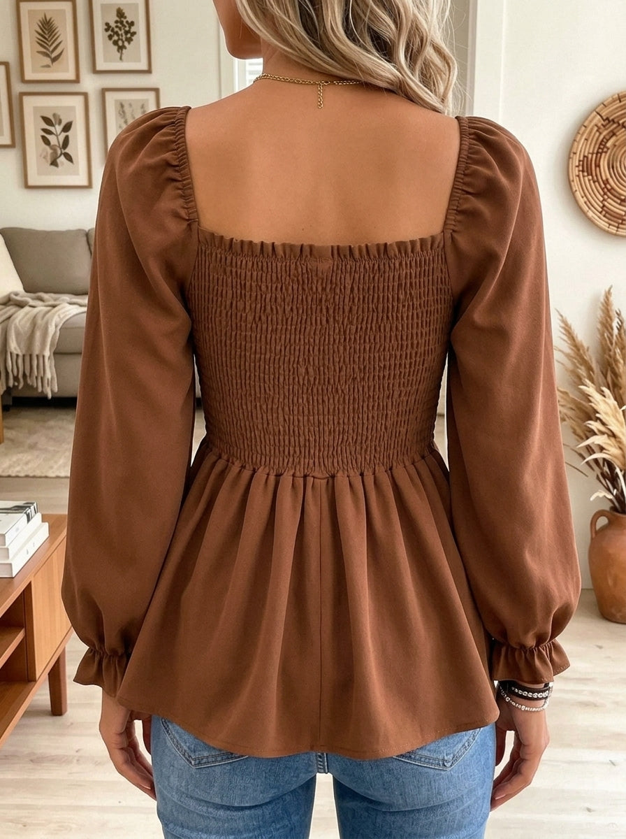 Women's Square Neck Smocked Long Puff Sleeve Peplum Blouse Casual Fall Tops