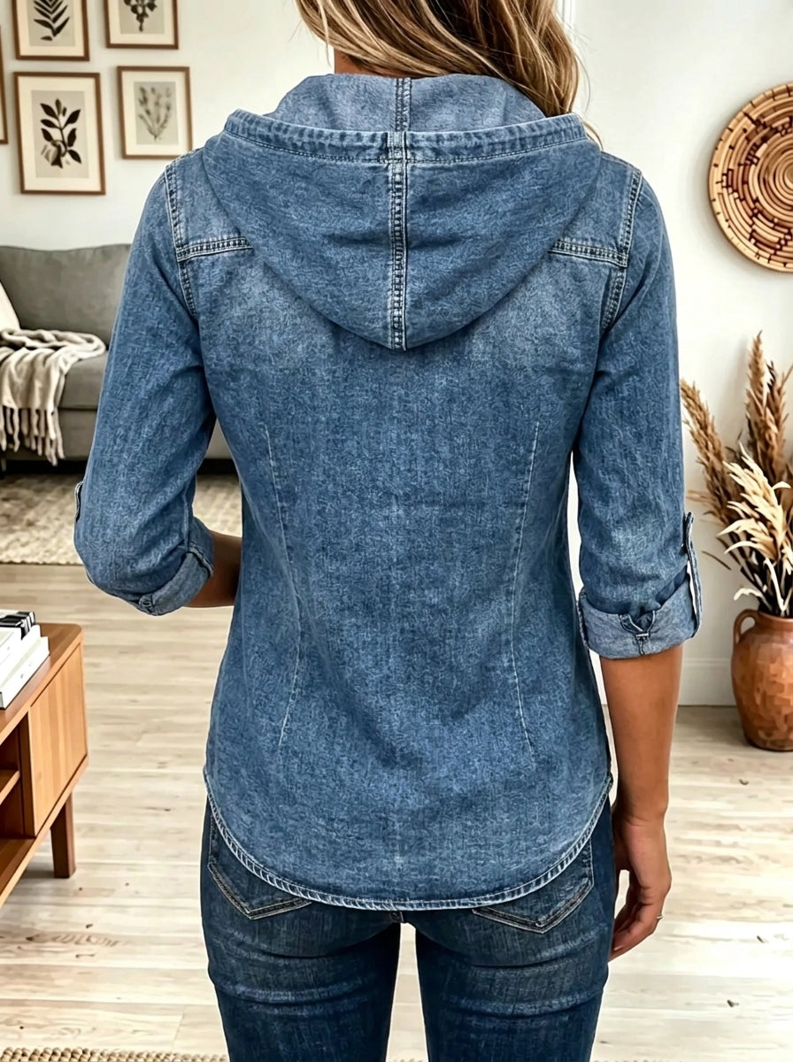 Women's Hooded Snap-Button Denim Shirt Jacket