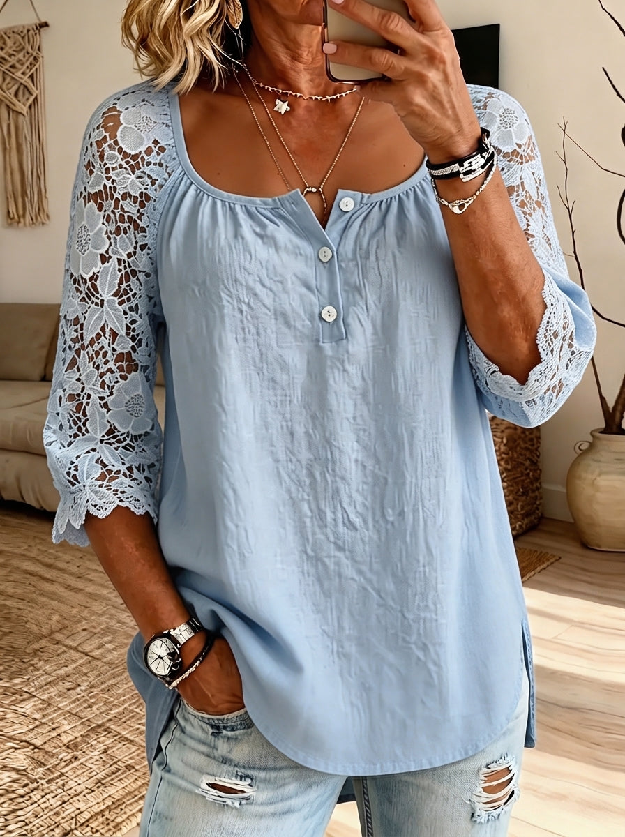 Womens Square Neck Floral Lace Raglan 3/4 Sleeve Henley Blouse