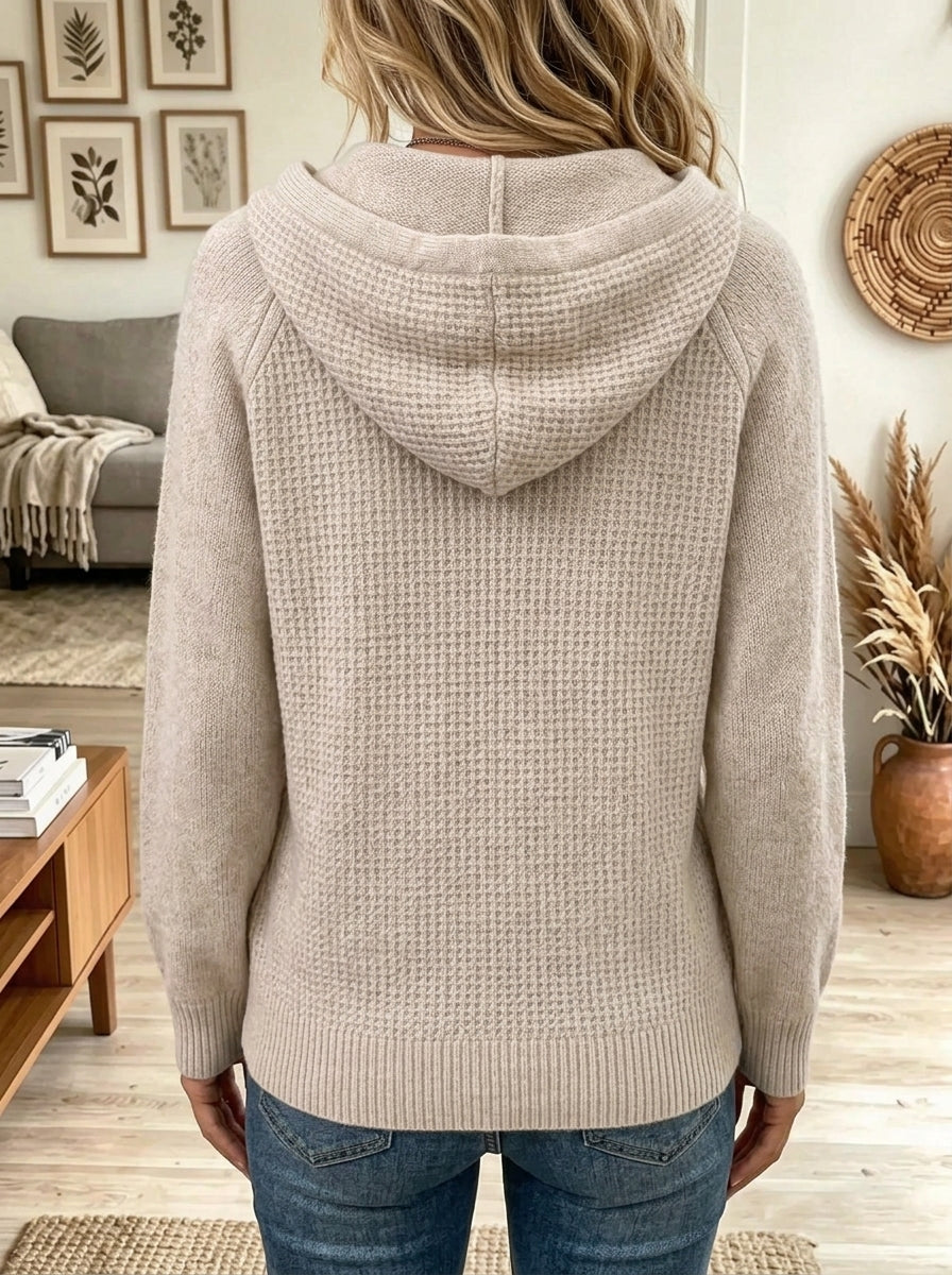 Women's Waffle Knit Drawstring Zip-Up Hoodie