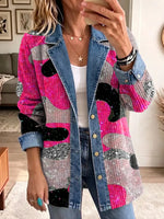 Retro Abstract Shiny Pattern Art Casual Denim Patchwork Stylish Long Sleeve Coat