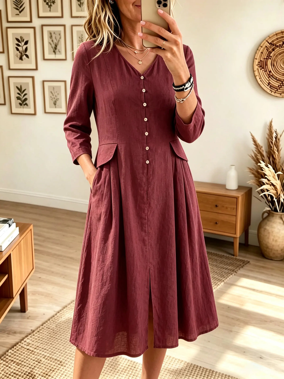 Women's V-Neck Button-Down Flap Pocket Linen Midi Dress