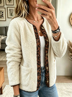 Women's Leopard Trim Sherpa Fleece Cardigan