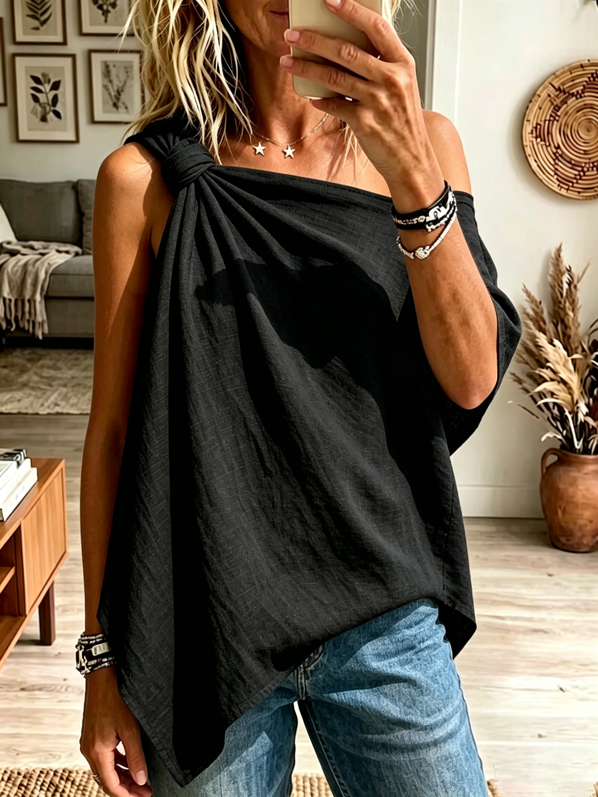 Women's One-Shoulder Knotted Asymmetrical Linen Top