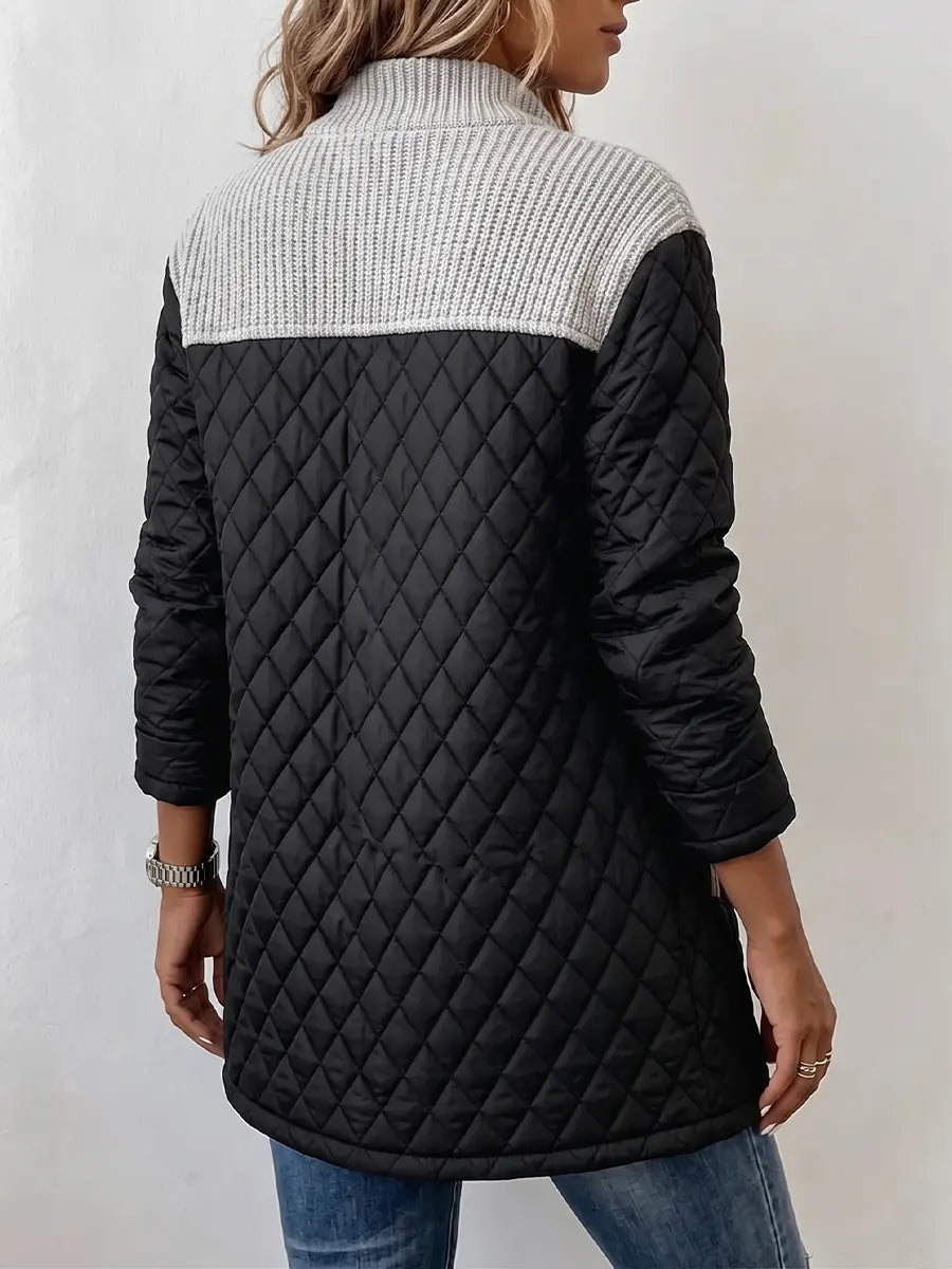 Vintage Elegant Knit Patchwork Pu Quilted Coat