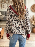 Women's Leopard Half-Zip Contrast Ribbed Hoodie