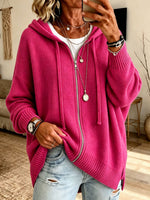 Full Zip Up Hooded Knit Cardigan Women Loose Long Sleeve Sweater