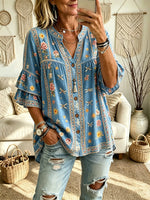 Women's Vintage Border Dragonfly Floral Print Ruffle Sleeve Blouse