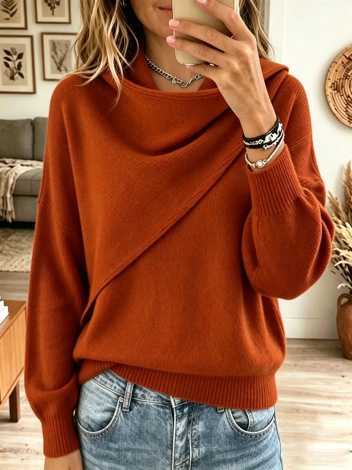Women's Asymmetrical Draped Cowl Neck Sweater