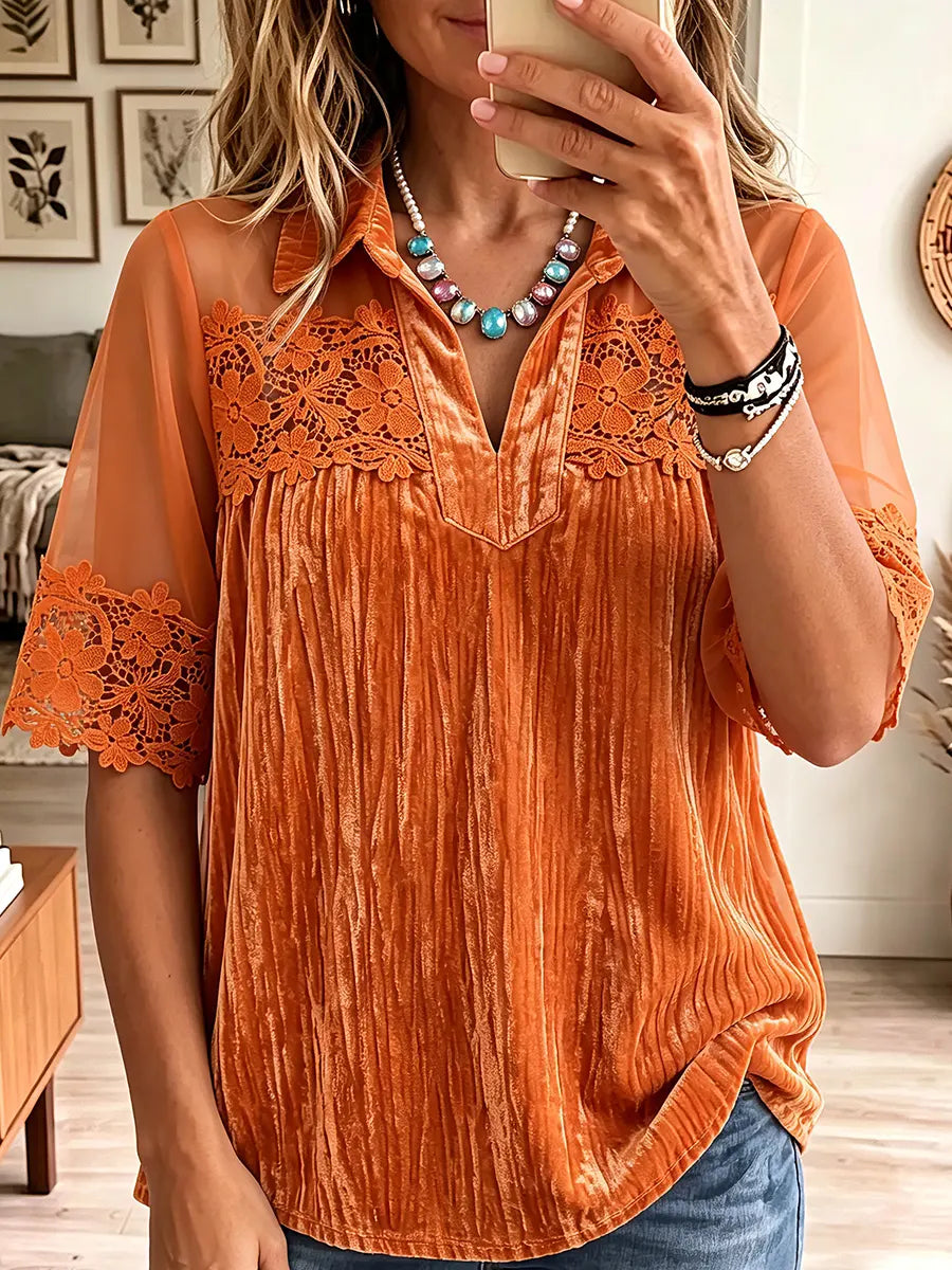 Vintage Elegant Velvet Patchwork Openwork Lace Shirt