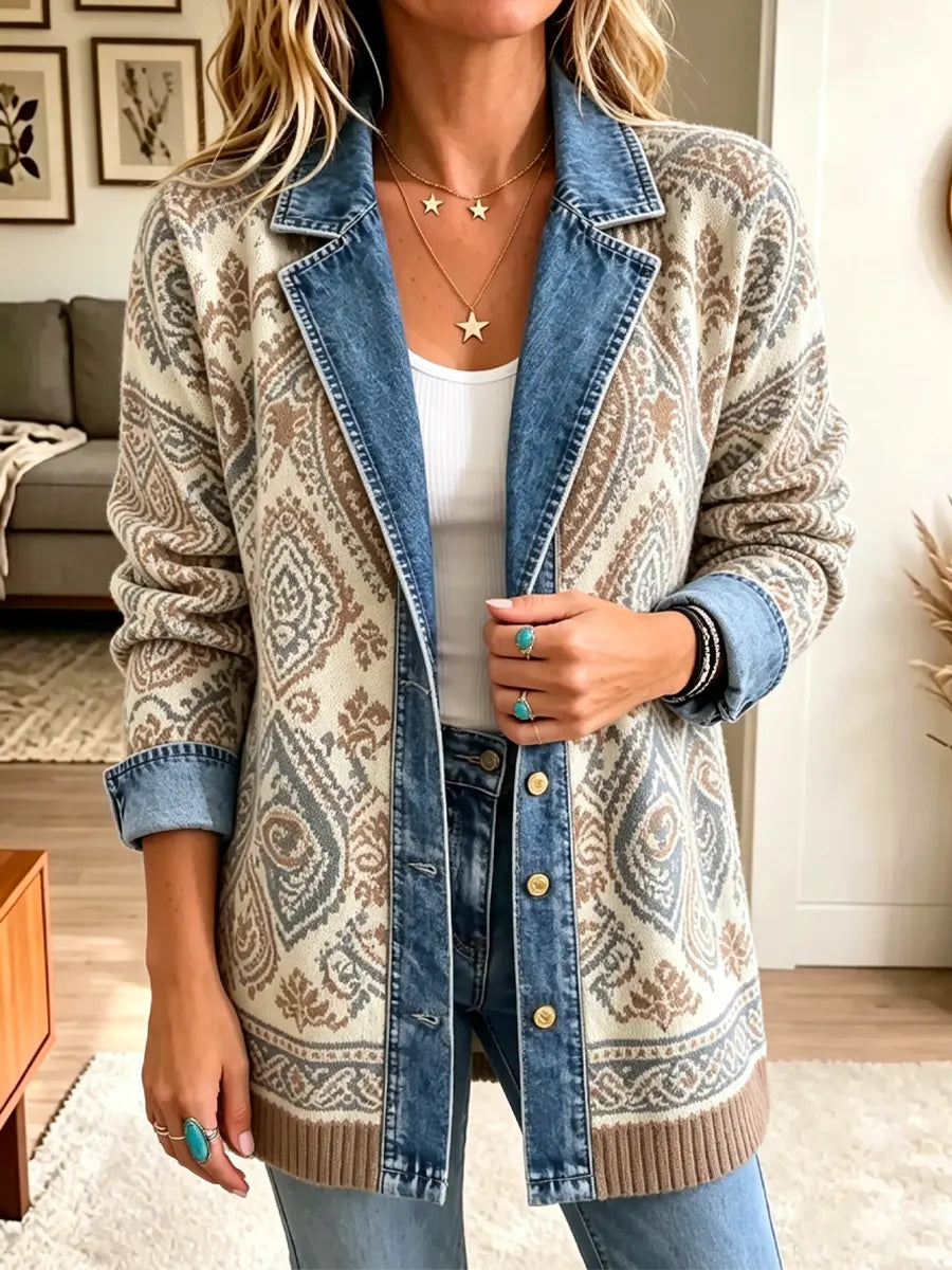 Retro Ethnic Pattern Art Casual Denim Patchwork Stylish Long Sleeve Coat
