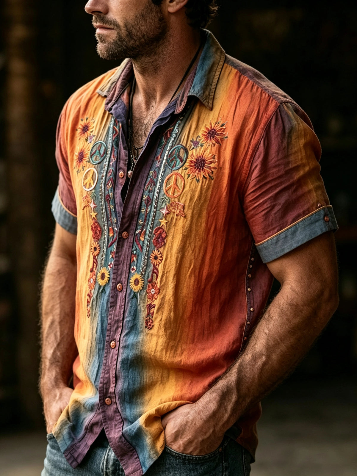 Men's Ombre Sunflower Peace Print Button-Up Shirt