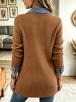 Women's Denim Notch Lapel Ribbed Cardigan