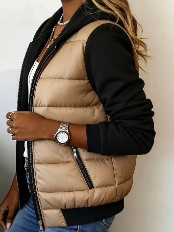 Women Color Block Hooded Puffer Zip Up Jacket