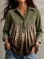 Women Denim Spliced Leopard Print Half Button Long Sleeve Blouse