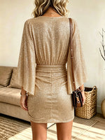 Women's V-Neck Sequin Ruched Mini Dress