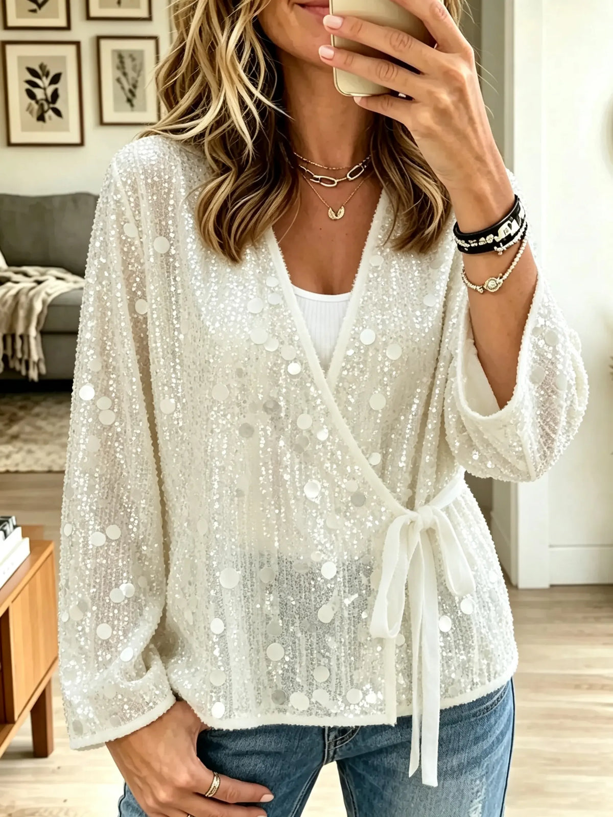 Women's Polka Dot Sequin Wrap Blouse