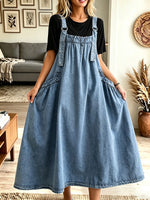 Women Loose Denim Pinafore Midi Dress With Adjustable Straps