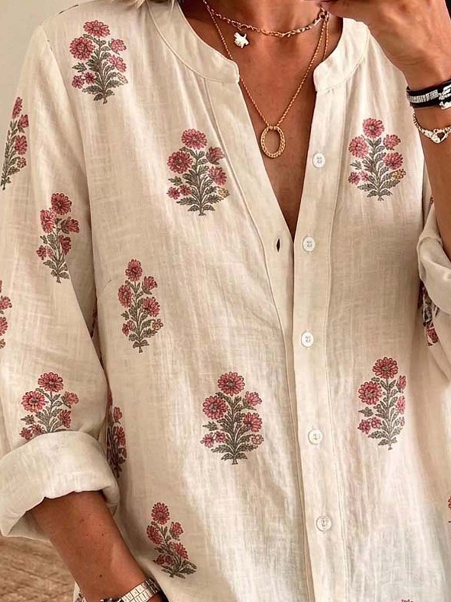 Retro Floral Pattern Art Print Casual Long Sleeve Cotton Linen Shirt