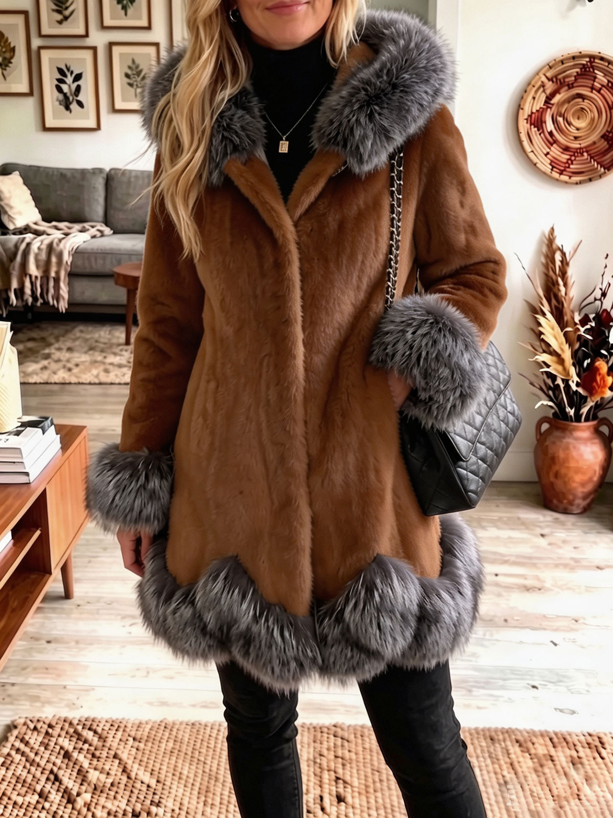 Hooded Faux Fur Contrast Trim Mid‑Length Coat Women Warm Winter Outerwear