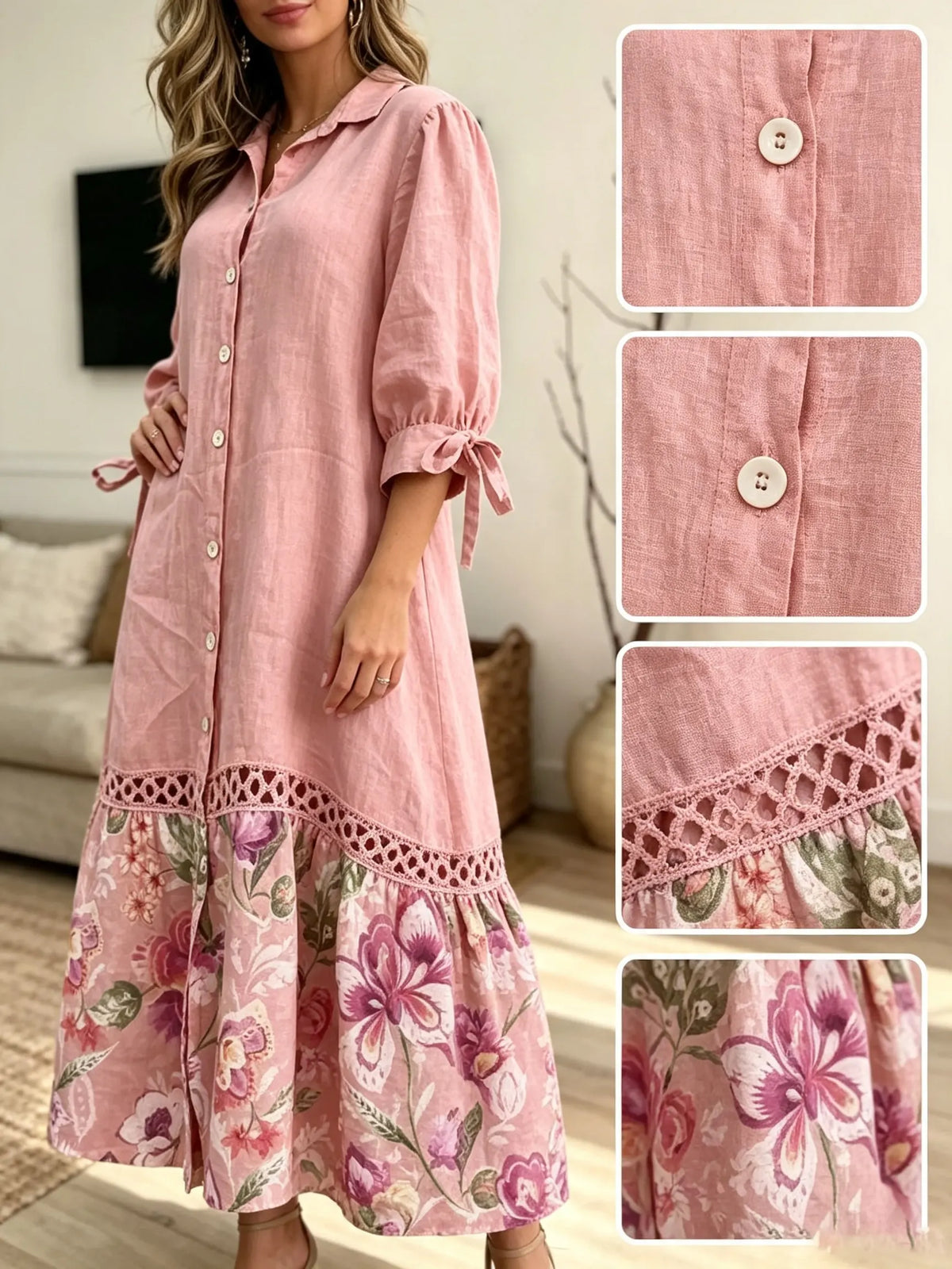 Women's Floral Print Crochet Shirt Dress