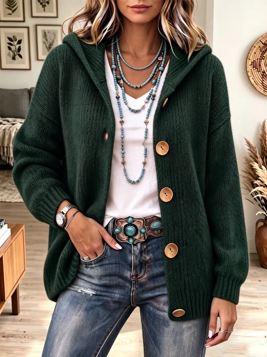 Retro Solid Color Hooded Art Casual Stylish Long Sleeve Cardigan Sweater