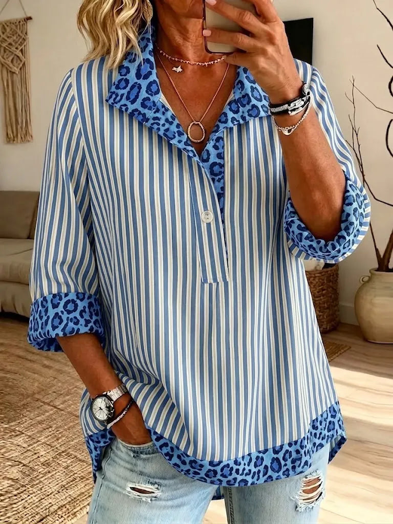 Women’s Stripe Leopard Contrast Collar Half Button 3/4 Sleeve Blouse