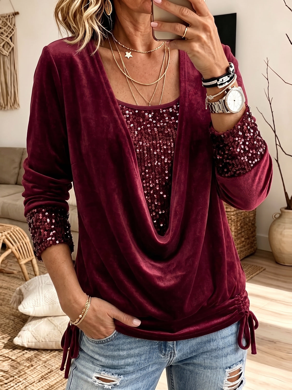 Velvet Cowl Neck 2‑in‑1 Blouse Sequin Long Sleeve Drawstring Party Top