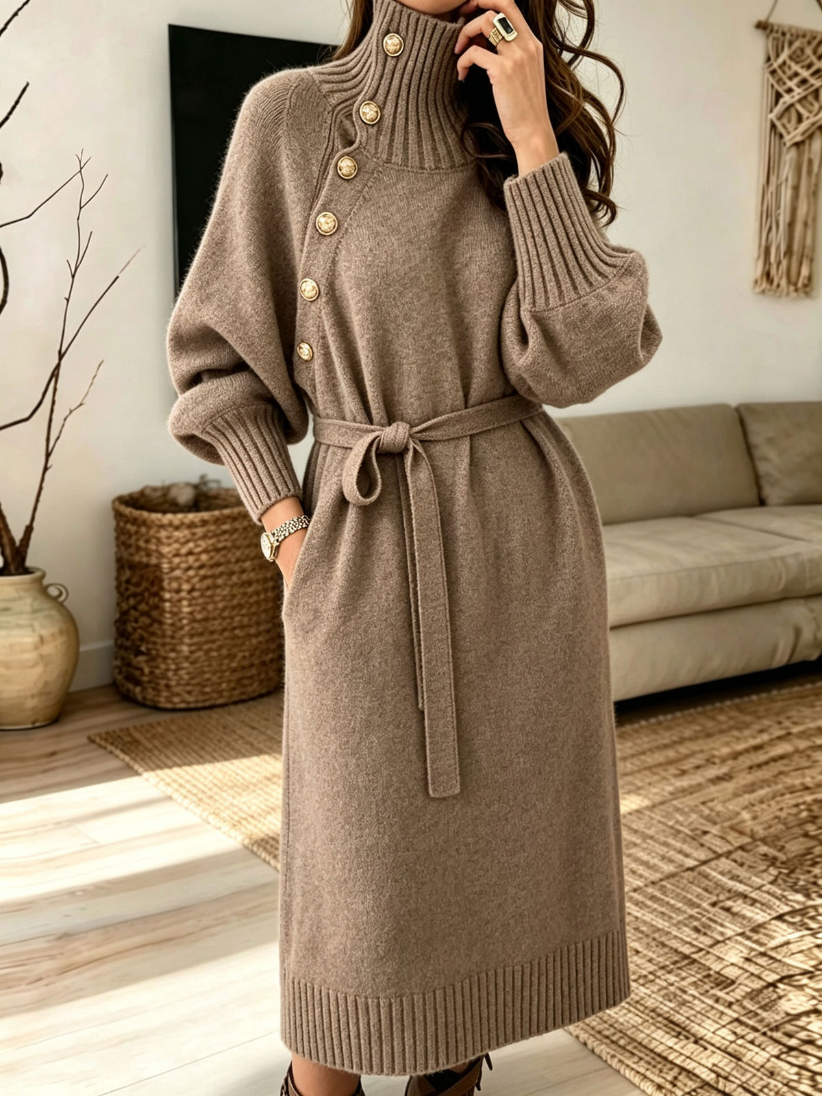 Turtleneck Belted Knit Midi Dress Gold Button Batwing Sleeve Sweater Dress