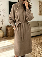 Turtleneck Belted Knit Midi Dress Gold Button Batwing Sleeve Sweater Dress