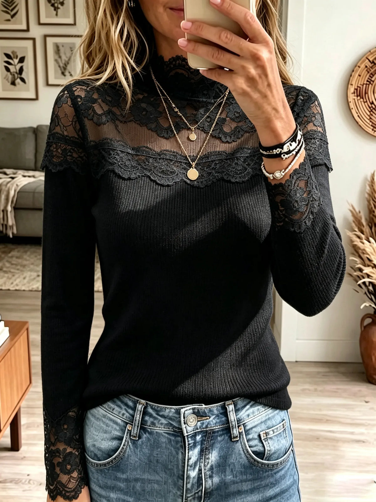 Women's Sheer Floral Lace Mock Neck Knit Top
