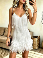 Women's Sexy V-neck Spaghetti Strap Dress With Feather Details