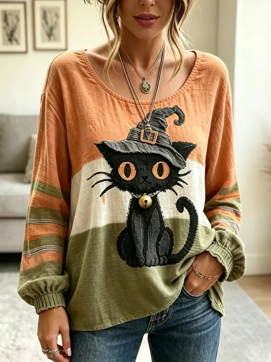 Funny Cat Halloween Pattern Art Casual Stylish Long Sleeve Cotton Linen Shirt